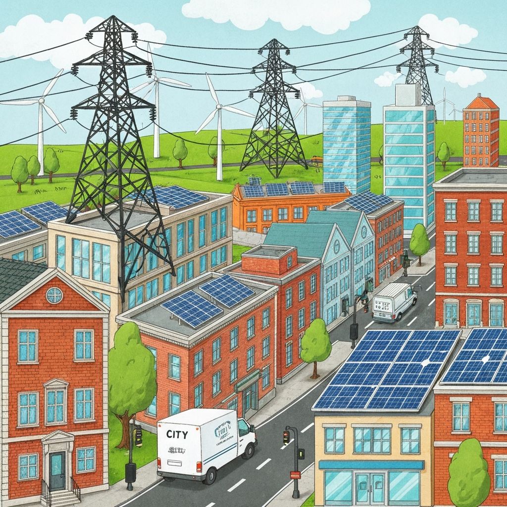 Fluvius infrastructure illustration showing energy grids, wind turbines, and utility services